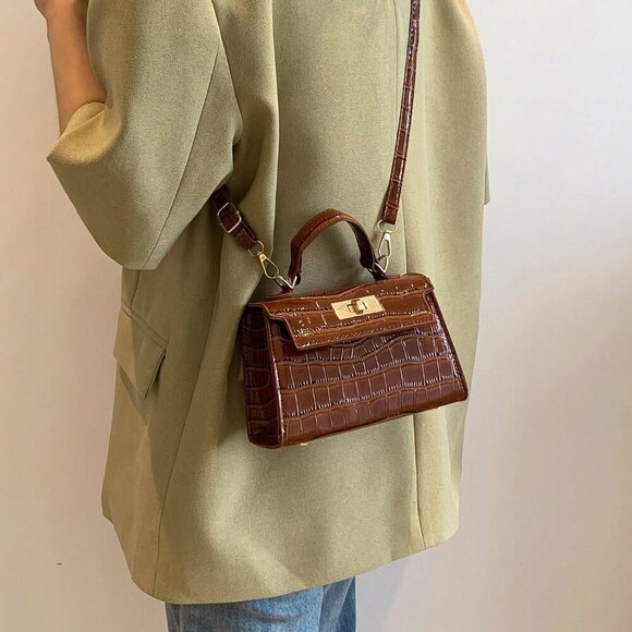 Coffee Brown Elegant Women's Crocodile Embossed Mini Square Bag - Picture 4 of 7